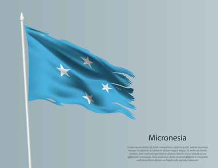 Ragged national flag of Micronesia. Wavy torn fabric on blue background. Realistic vector illustrationのイラスト素材