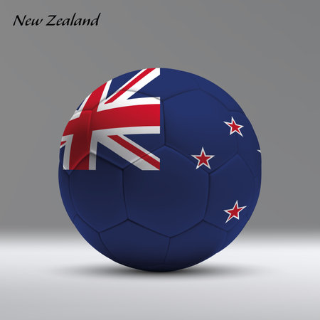 3d realistic soccer ball iwith flag of New Zealand on studio background, Football banner templateのイラスト素材