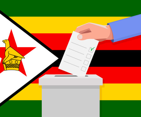 Zimbabwe election concept. Hand puts vote bulletin into vote box.のイラスト素材