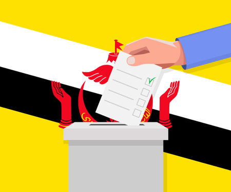 Brunei election concept. Hand puts vote bulletin into vote box.のイラスト素材