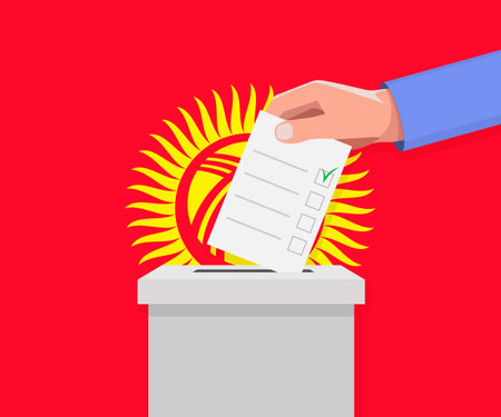 Kyrgyzstan election concept. Hand puts vote bulletin into vote box.のイラスト素材