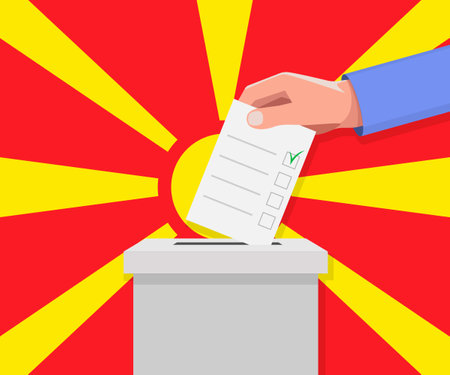 North Macedonia election concept. Hand puts vote bulletin into vote box.のイラスト素材