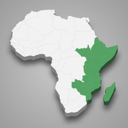 Eastern Africa location within Africa 3d isometric mapのイラスト素材
