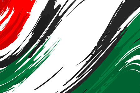 Vibrant abstract painting emulating the United Arab Emirates flag with energetic red, green, white, and black brush strokes, Pan-Arab colorsのイラスト素材
