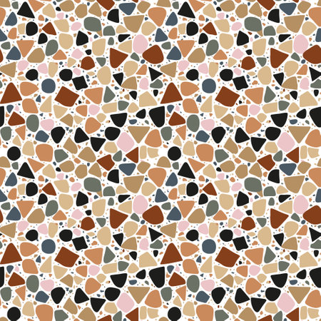 Artistic interpretation of terrazzo seamless texture with multicolored abstract shapes.のイラスト素材
