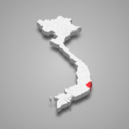 Khanh Hoa region highlighted in red on a gray Vietnam 3d mapのイラスト素材