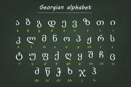 Visual chart of the Georgian alphabet with English transliterations, displayed on a dark green chalkboard backgroundのイラスト素材
