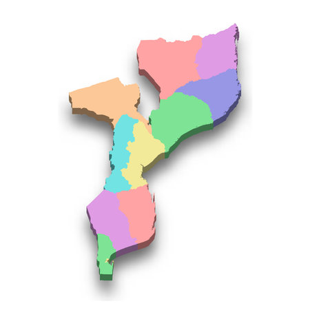 3d isometric colored map of Mozambique with borders of regionsのイラスト素材