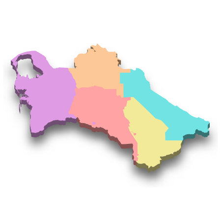 3d isometric colored map of Turkmenistan with borders of regionsのイラスト素材
