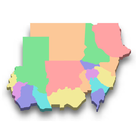 3d isometric colored map of Sudan with borders of regionsのイラスト素材