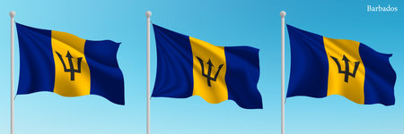 Set of three flags of Barbados waving on flagpoles with a vibrant blue sky backdrop.のイラスト素材
