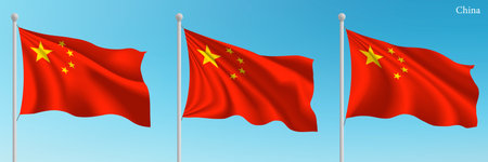 Set of three flags of China waving on flagpoles with a vibrant blue sky backdrop.のイラスト素材