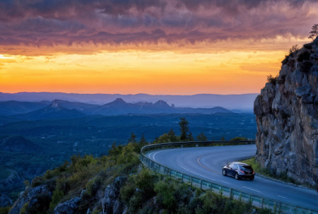Car navigating a curving road through scenic mountains, with a colorful sunset and vast landscape.の素材