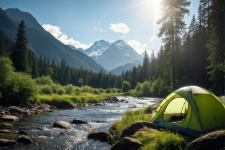 A peaceful camping site by a river with a tent, surrounded by tall pine trees and snow-capped mountainsの素材