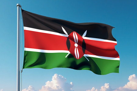 Kenya national flag waving on a flagpole, set against a clear blue sky with light clouds.の写真素材