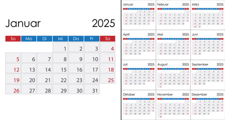 Calendar 2025 on German language, week start on Sunday. Layout with Highlighted Weekendsのイラスト素材