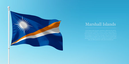 Waving flag of Marshall Islands on a pole with a blue sky backdrop with copyspaceのイラスト素材