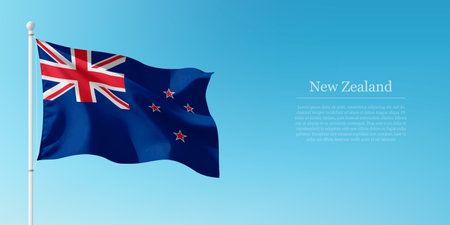 Waving flag of New Zealand on a pole with a blue sky backdrop with copyspaceのイラスト素材