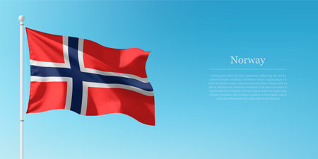 Waving flag of Norway on a pole with a blue sky backdrop with copyspaceのイラスト素材