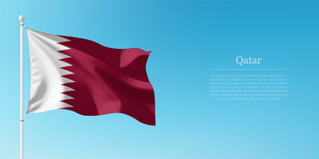 Waving flag of Qatar on a pole with a blue sky backdrop with copyspaceのイラスト素材
