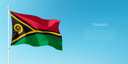 Waving flag of Vanuatu on a pole with a blue sky backdrop with copyspaceのイラスト素材