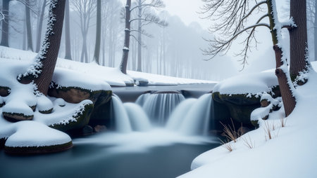 Peaceful winter landscape featuring a flowing stream and waterfall surrounded by snowy treesの素材