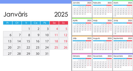 Calendar 2025 on Latvian language, week starts on Monday. Layout with Highlighted Weekendsのイラスト素材