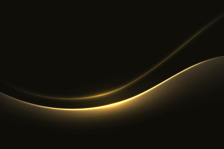 Bright golden light streaks curve dynamically over a dark black background, creating a sleek and elegant designのイラスト素材