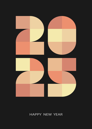 Modern geometric 2025 numerals in bold colors on a black background with New Year greetingのイラスト素材