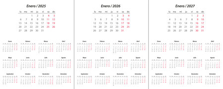 Calendar 2025, calendar 2026, calendar 2027 on Spanish language week start Monday corporate design planner templateのイラスト素材
