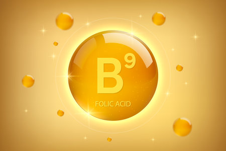 Vitamin B9 gold icon. Folic Acid vitamin drop pill capsule. Collagen vitamins complex for cosmetics and medical designのイラスト素材