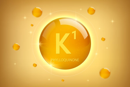 Vitamin K1 gold icon. Phylloquinone vitamin drop pill capsule. Collagen vitamins complex for cosmetics and medical designのイラスト素材