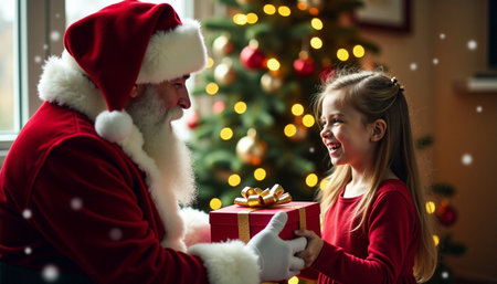 Santa Claus shares a gift with a delighted girl beside a glowing Christmas tree in a festive settingの素材