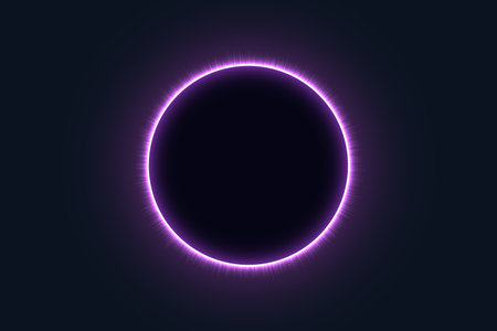 Abstract solar eclipse with a vibrant purple glow and radiant light halo on dark background.