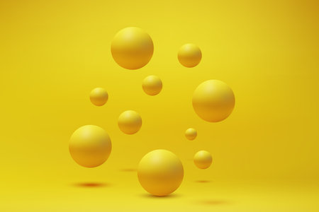Glossy yellow spheres resting and floating on a vibrant yellow surface, creating a dynamic composition.のイラスト素材