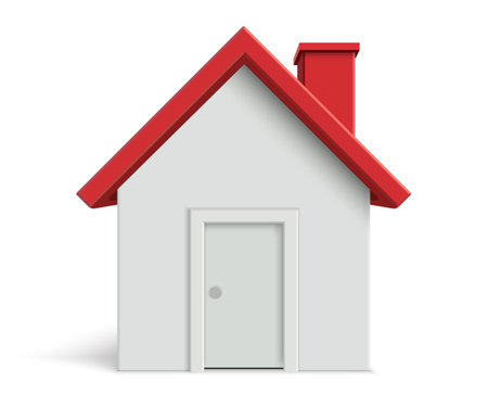Minimalistic white house illustration featuring a red roof, chimney, and closed front doorのイラスト素材