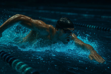 A competitive swimmer surges through bright bioluminescent water, creating splashes in a vivid pool.の素材