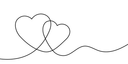 Black and white continuous line art illustration of two intertwined hearts, symbolizing love, connection, and romanceのイラスト素材