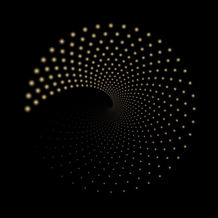 Abstract golden halftone spiral pattern with glowing dots on a black background, creating depth and...