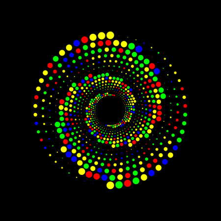 Bright multicolor dots forming a spiral vortex on black background, creating dynamic visual effectのイラスト素材