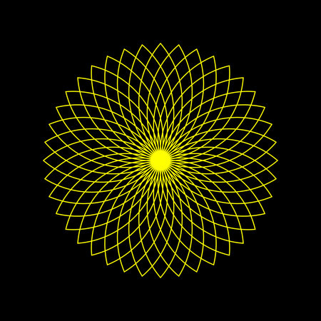 Glowing yellow spirograph pattern with fine radial symmetry on a pure black background