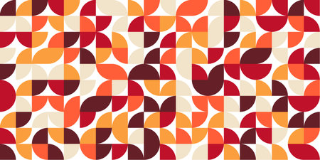 Repeating half circle tile pattern in warm red, orange, and beige on whiteのイラスト素材