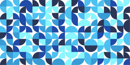 Cool blue and navy tiled pattern with curved abstract shapes on white backgroundのイラスト素材