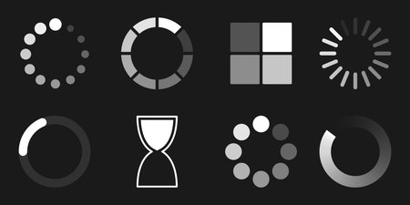 A set of various black and white loading icons, including spinning circles, bars, and hourglass...