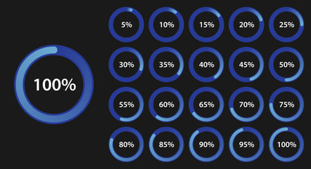 A collection of glowing blue circular progress charts with percentages from 5% to 100% on a dark backgroundのイラスト素材