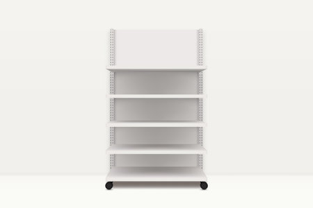 Clean and modern white retail shelves with adjustable levels, ready for product displayのイラスト素材