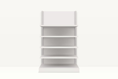 Clean and modern white retail shelves with adjustable levels, ready for product displayのイラスト素材