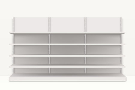 Clean and modern white retail shelves with adjustable levels, ready for product displayのイラスト素材