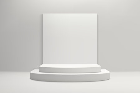 Empty white exhibition pedestal with a blank backdrop in a neutral-toned room, ideal for product displayのイラスト素材