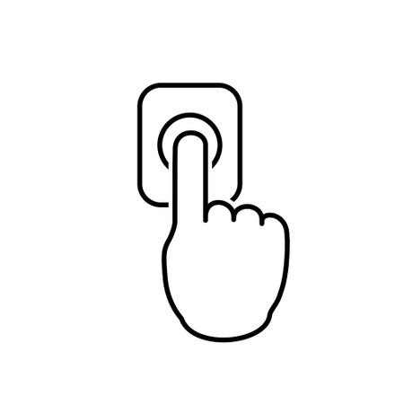 Minimalist black and white line icon of a hand pressing a doorbell button, symbolizing access and entry.のイラスト素材